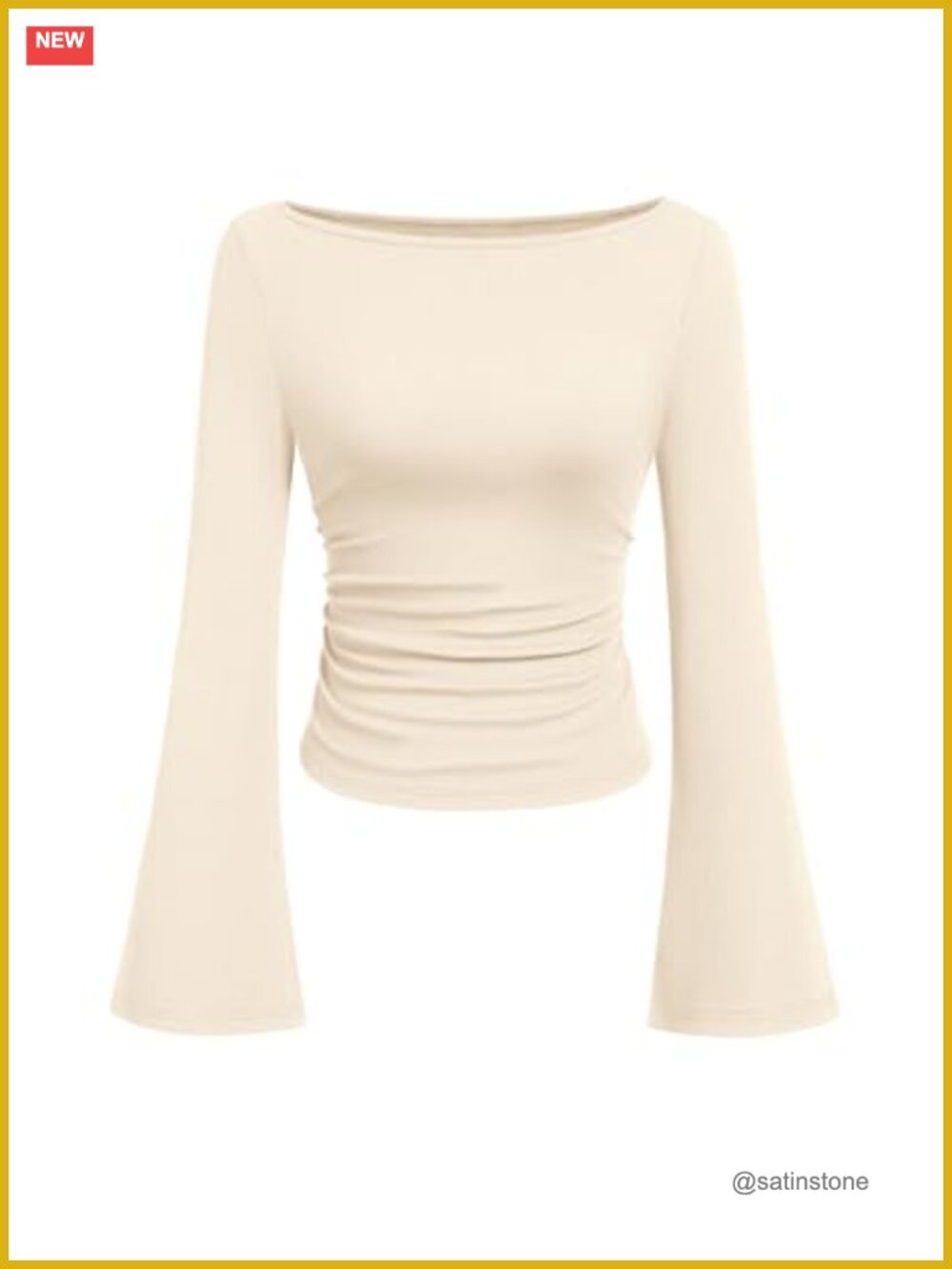 Ribbed Knit Bell Sleeve Boat Neck Fitted Crop Top Casual Fall Winter Tee